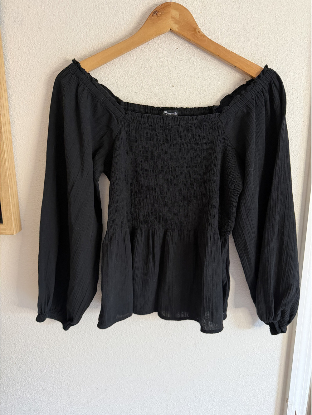 Madewell Black Smocked Peplum Top Size 0 Square Neck Balloon Sleeve